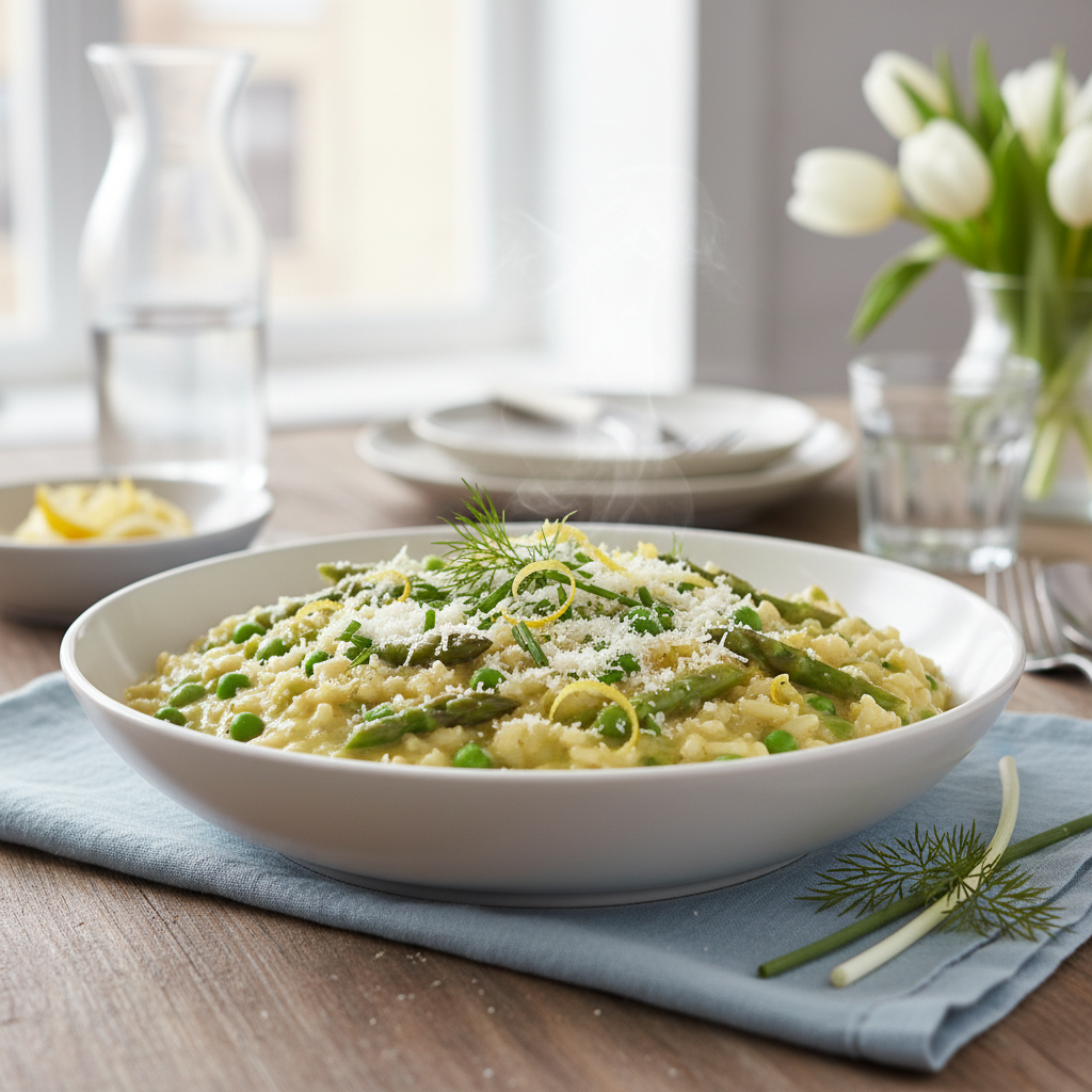 creamy vegan risotto with asparagus and peas
