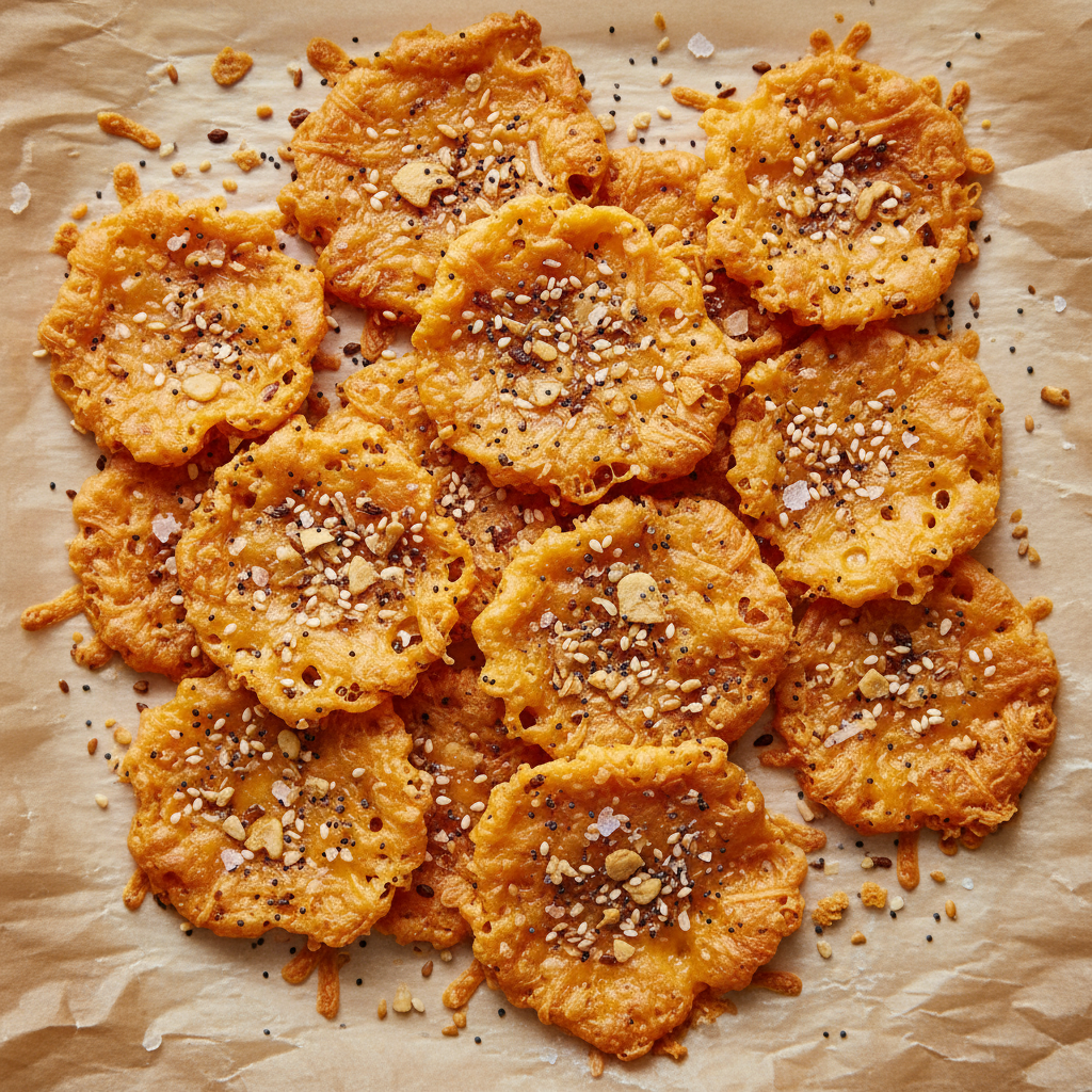 crispy cheese chips sprinkled with everything bagel seasoning