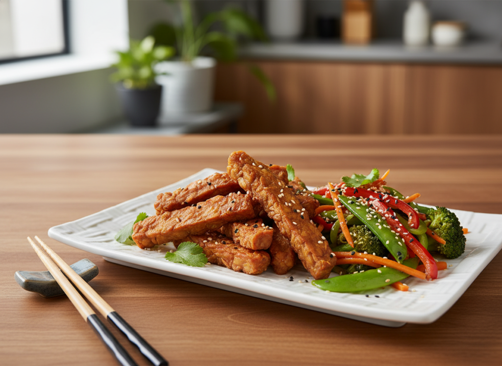 crispy marinated tempeh strips with stir-fried vegetables on plate