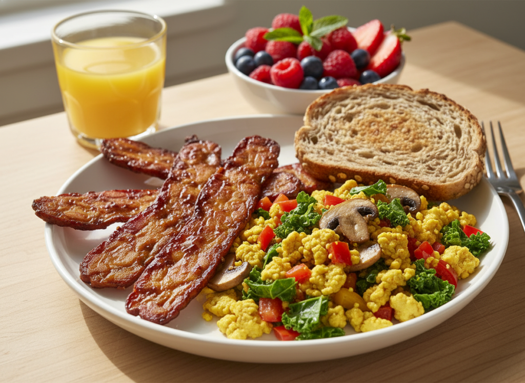 crispy tempeh bacon strips with colorful vegetable scramble on a breakfast plate crispy tempeh bacon strips with colorful vegetable scramble on a breakfast plate