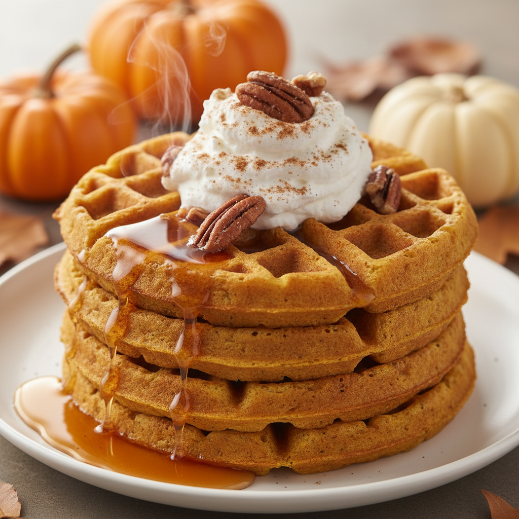 crispy vegan waffles with pumpkin spice, topped with coconut whipped cream and pecans crispy vegan waffles with pumpkin spice, topped with coconut whipped cream and pecans