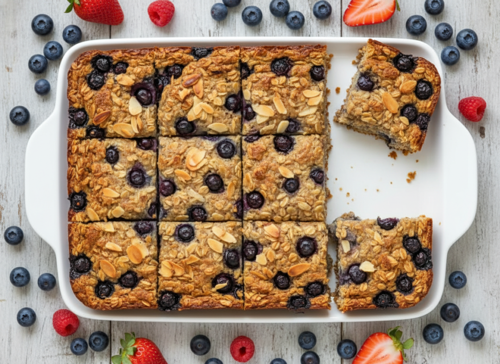 cut squares of baked oatmeal with berries arranged on a white serving platter