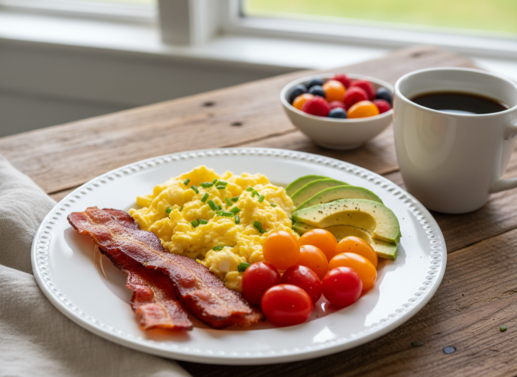delicious keto breakfast with eggs, bacon, and avocado on a white plate