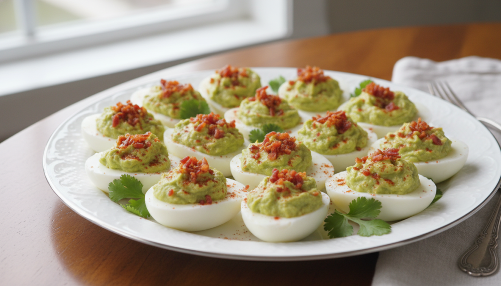 deviled eggs with creamy avocado filling on a serving platter