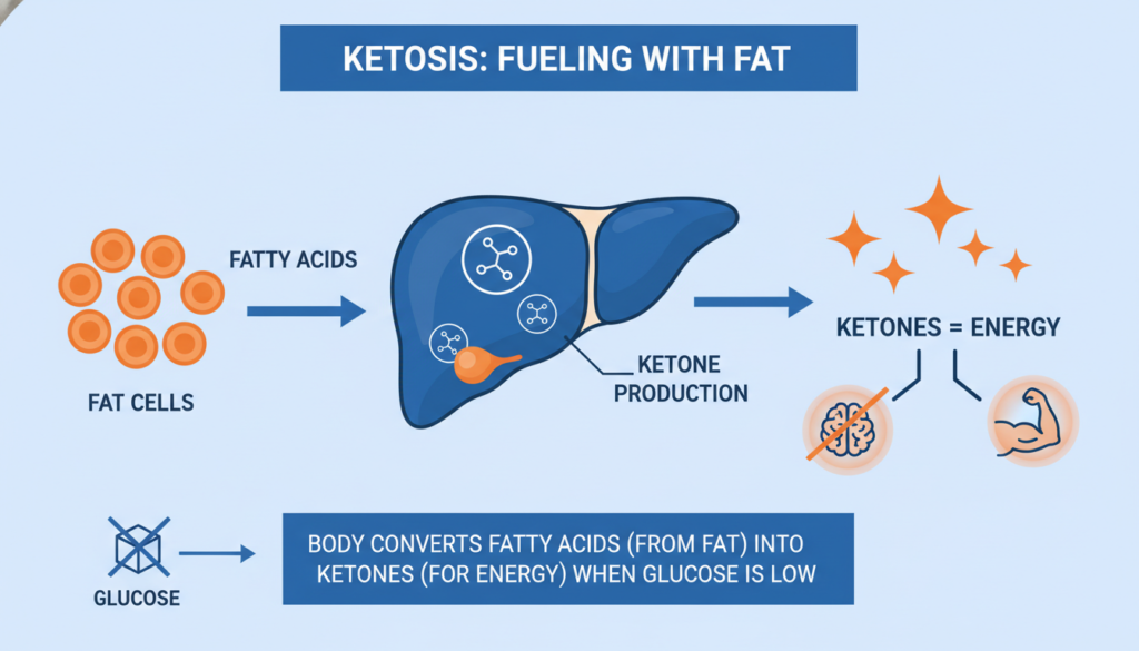 diagram showing ketosis process in the body with fat conversion to ketones