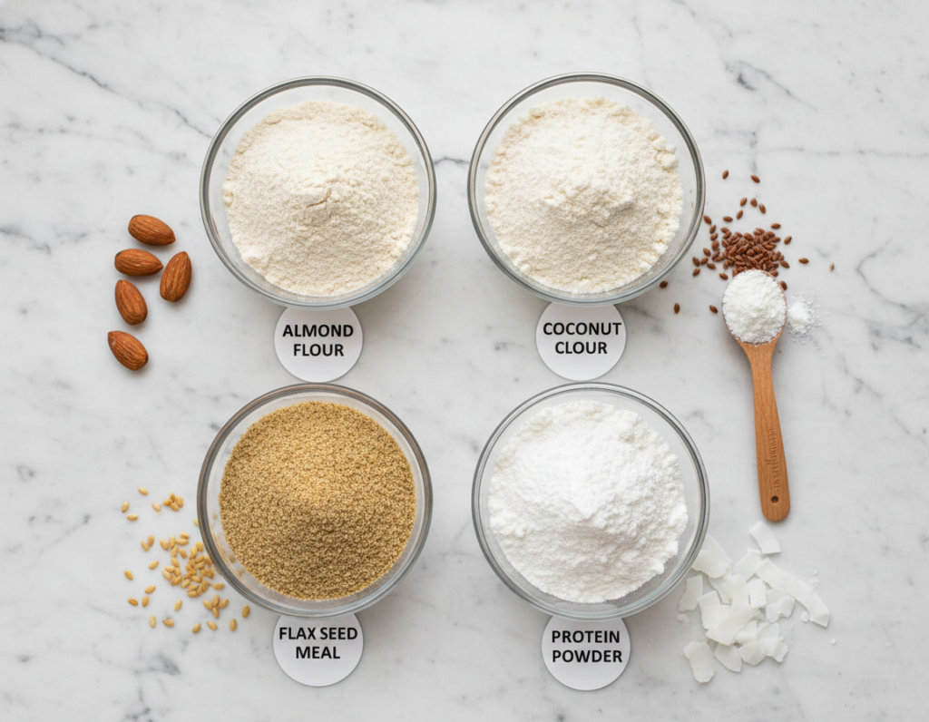 different keto flours in glass bowls