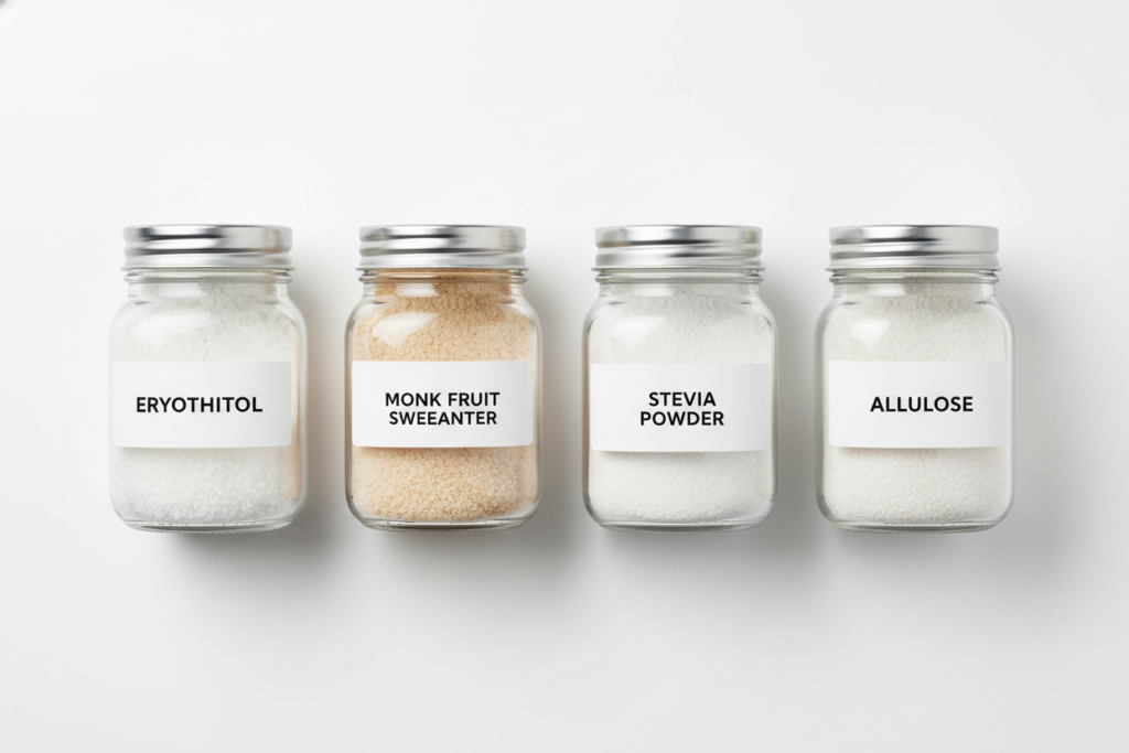 different keto-friendly sweeteners in glass containers with labels
