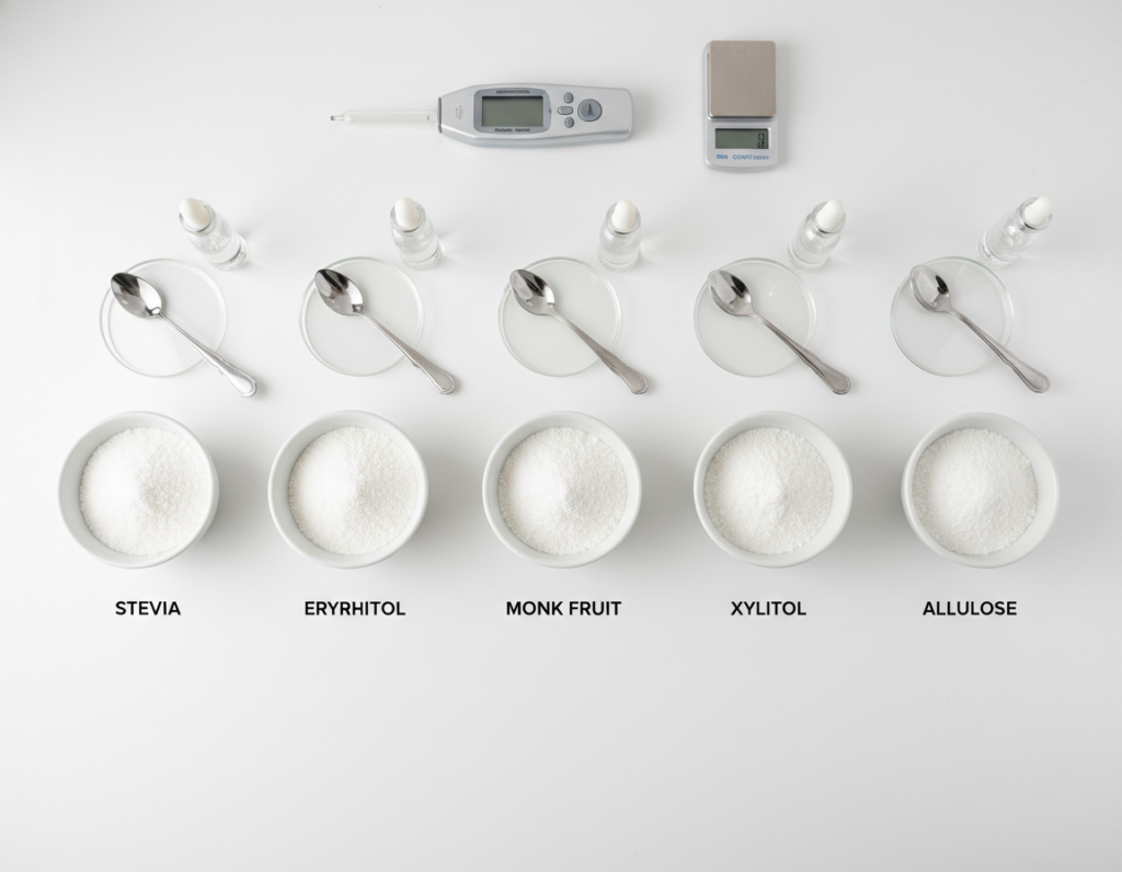 different keto sweeteners in small bowls for tasting
