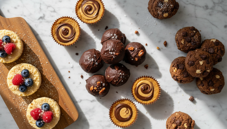 easy keto dessert spread with chocolate treats and peanut butter cups