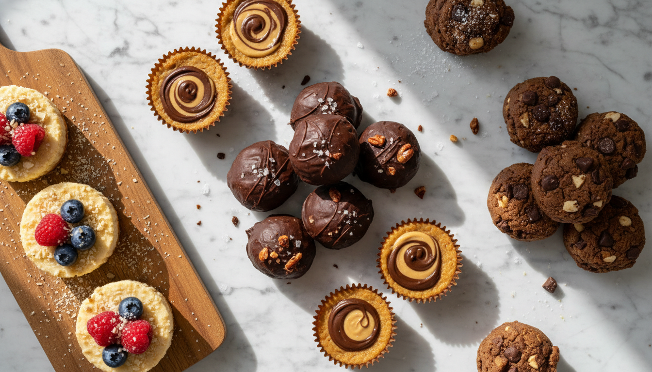 easy keto dessert spread with chocolate treats and peanut butter cups