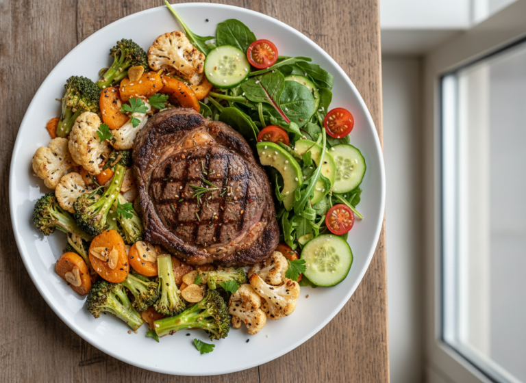 easy keto dinner plate with grilled protein and vegetables