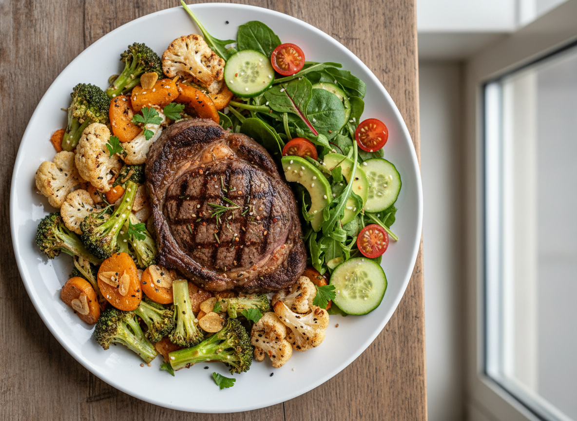 easy keto dinner plate with grilled protein and vegetables