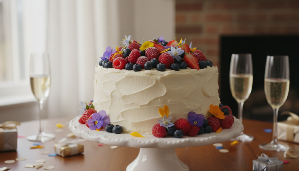 elegant keto birthday cake decorated with berries and flowers