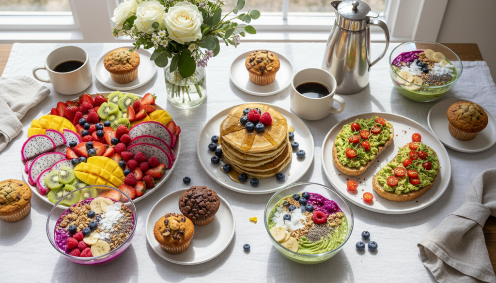 elegant vegan brunch spread with multiple dishes on a decorated table