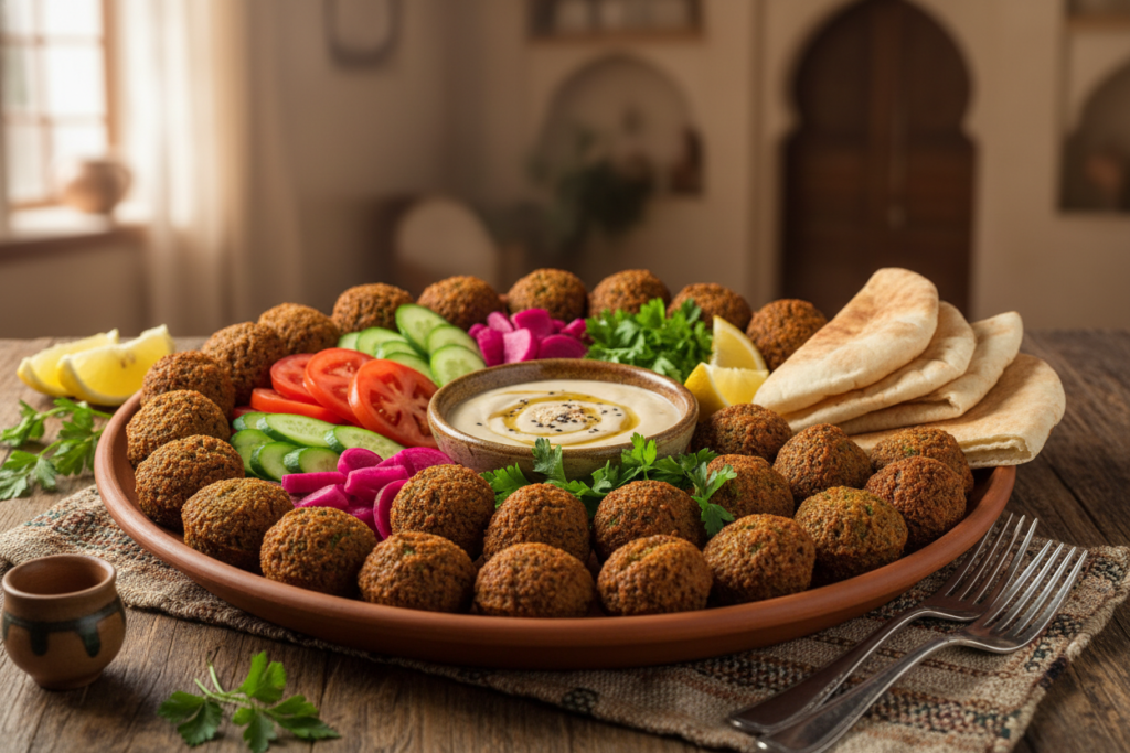 falafel platter with tahini sauce, tomatoes, cucumbers, and pita bread
