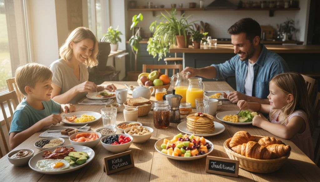 family breakfast table with keto and regular options