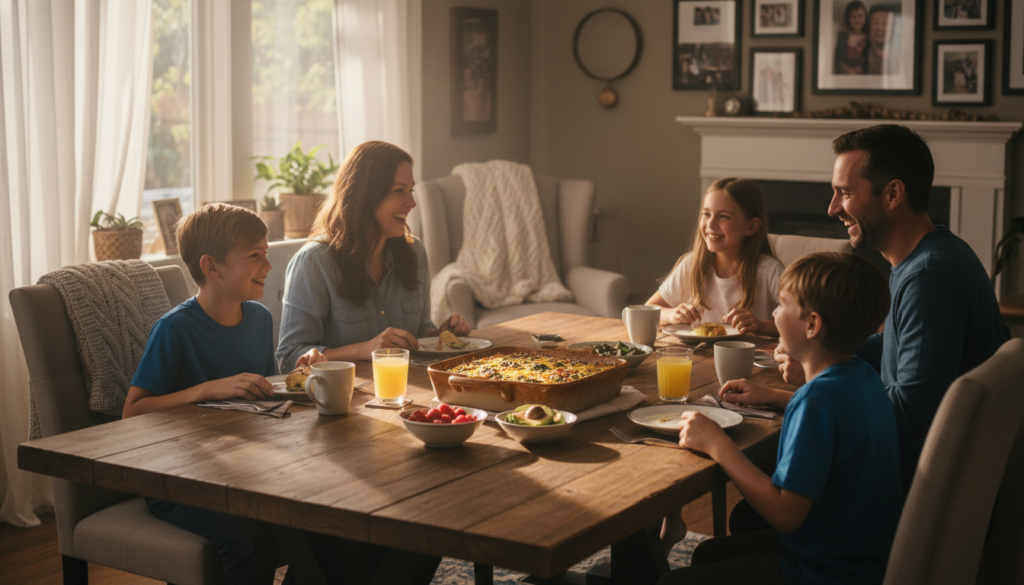 family enjoying keto breakfast casserole together at dining table