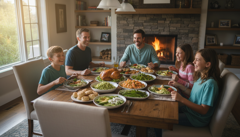 family enjoying keto dinner together at dining table