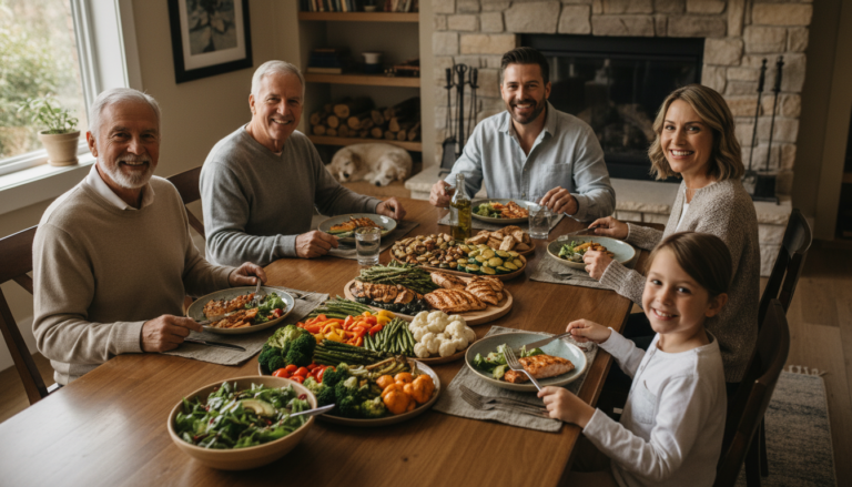 family enjoying keto dinner together at dining table