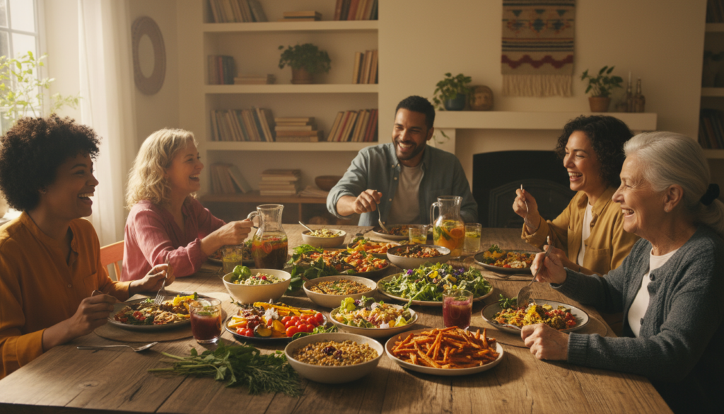 family enjoying vegan dinner together family enjoying vegan dinner together