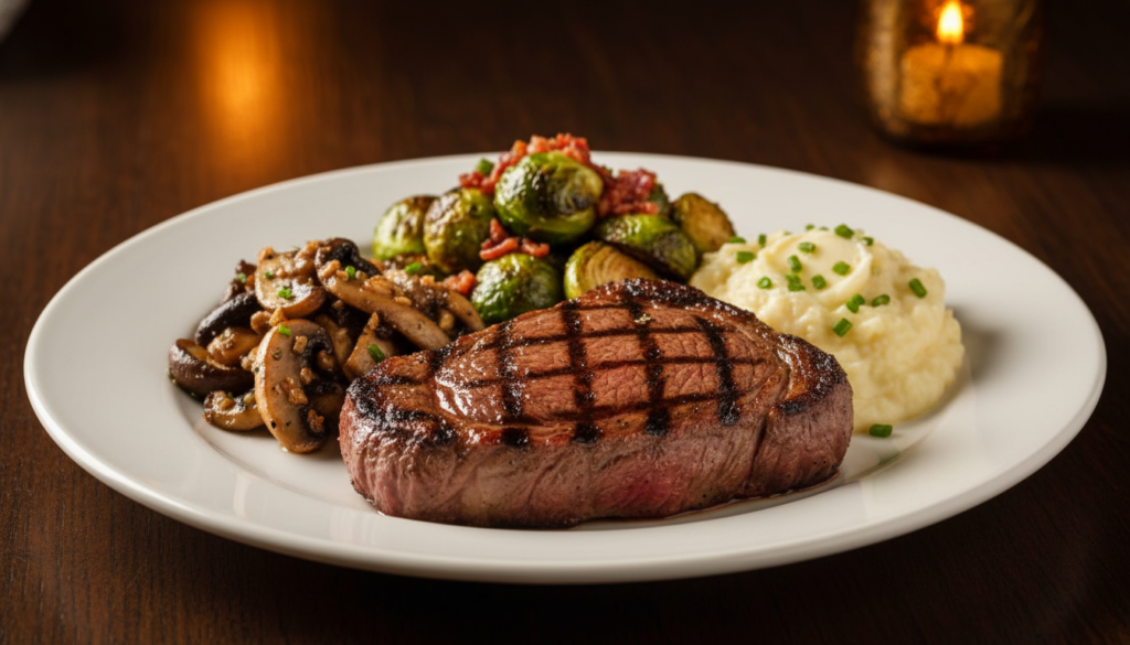 family-style keto dinner with grilled meat and roasted vegetables