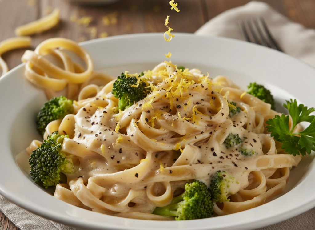 fettuccine with cashew alfredo sauce, broccoli, and lemon zest