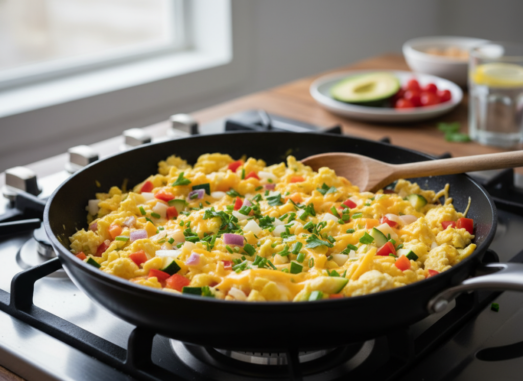 fluffy scrambled eggs with cheese and vegetables in skillet fluffy scrambled eggs with cheese and vegetables in skillet
