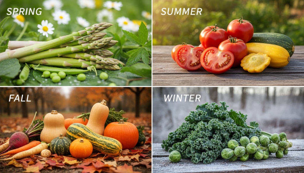 four sections showing seasonal produce for spring, summer, fall, and winter