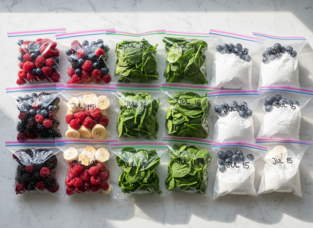 freezer bags filled with pre-portioned smoothie ingredients ready to blend freezer bags filled with pre-portioned smoothie ingredients ready to blend