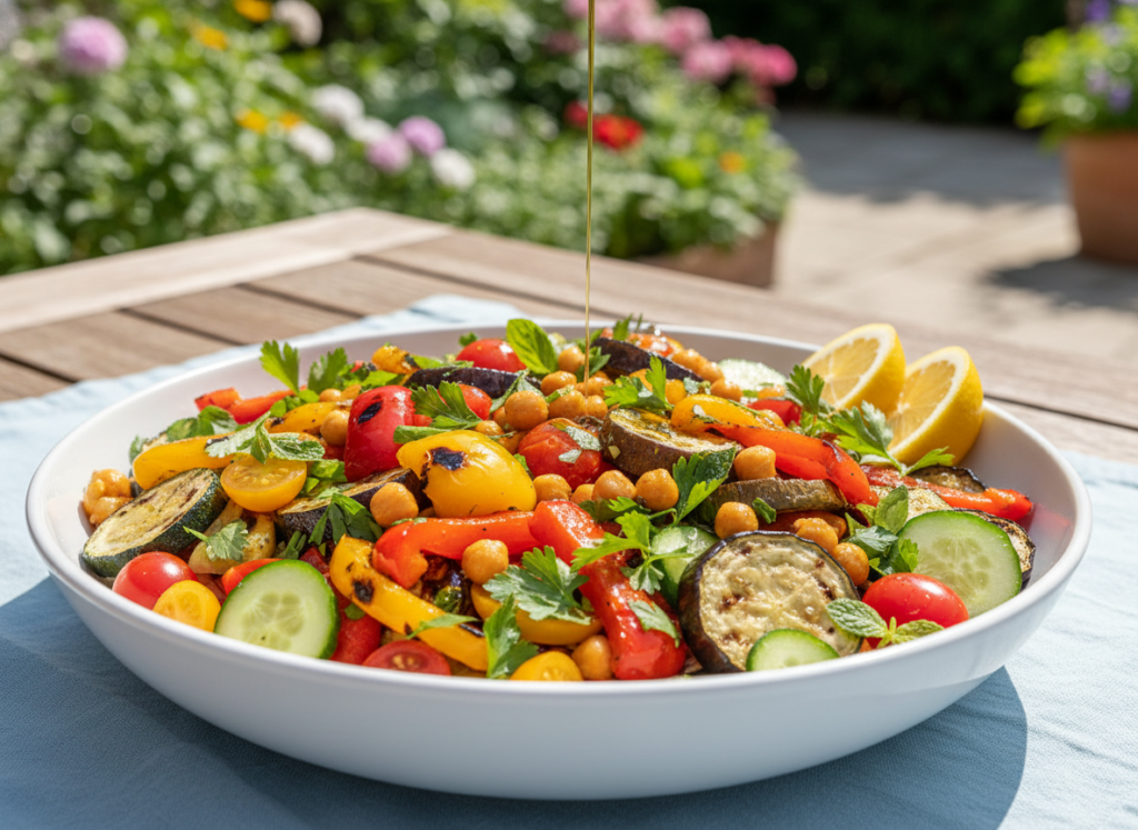 fresh summer salad with grilled vegetables, chickpeas, and herbs