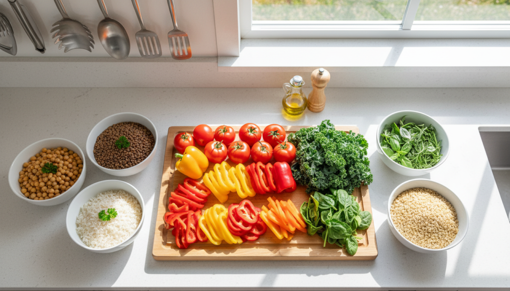 fresh vegetables, legumes, grains, and herbs arranged in an organized kitchen prep station for vegan dinner recipes
