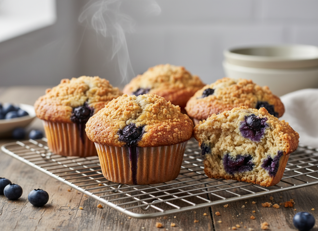 freshly baked blueberry muffins with golden streusel topping on a cooling rack freshly baked blueberry muffins with golden streusel topping on a cooling rack