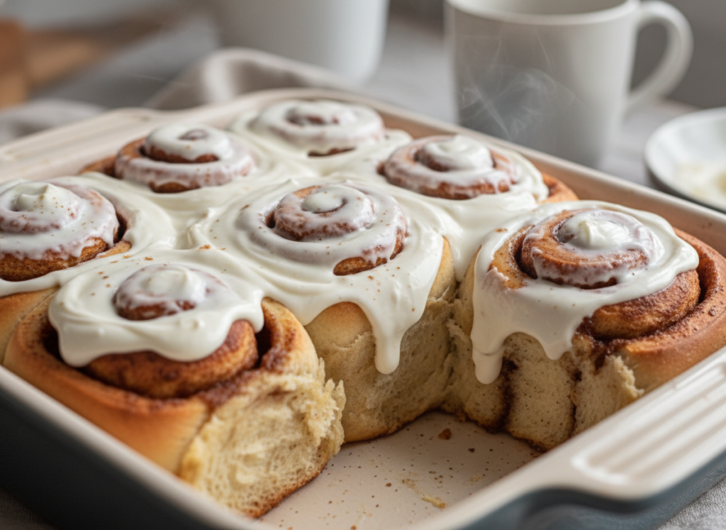 freshly baked cinnamon rolls with white frosting dripping down the sides freshly baked cinnamon rolls with white frosting dripping down the sides