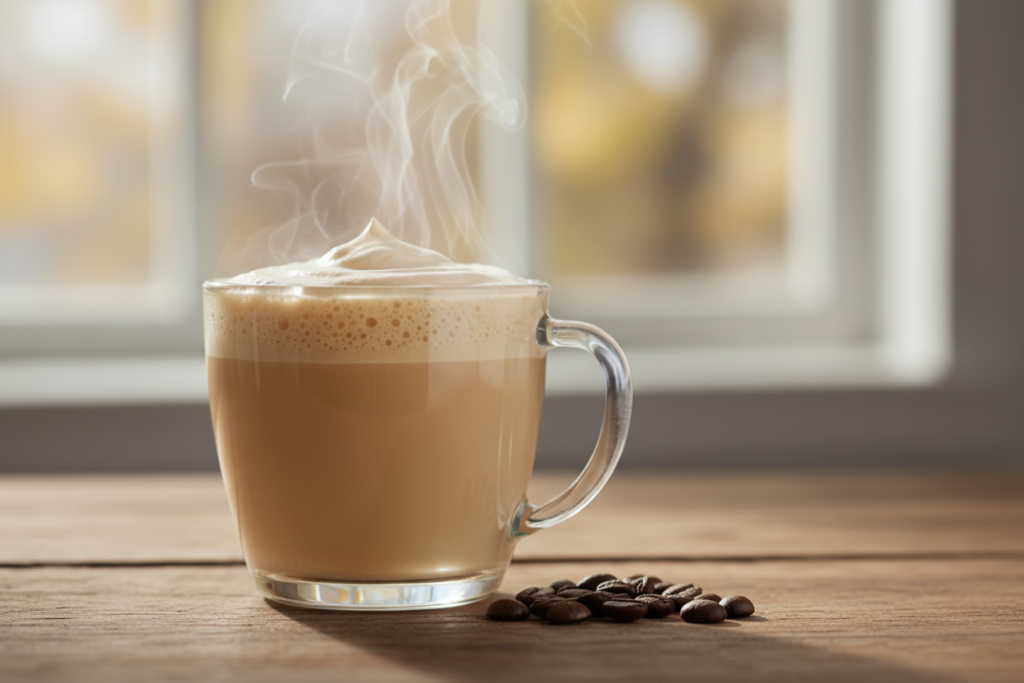 frothy keto coffee in glass mug with coconut oil