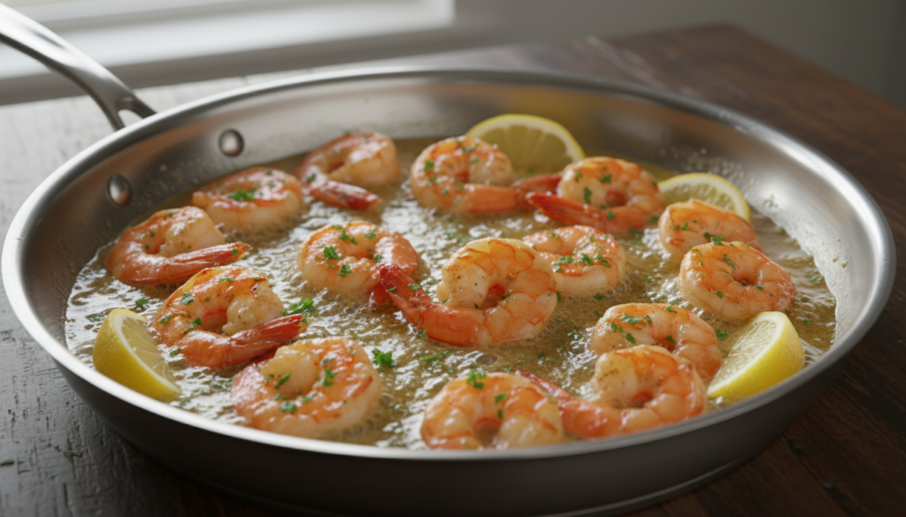 garlic butter shrimp in skillet with lemon and parsley