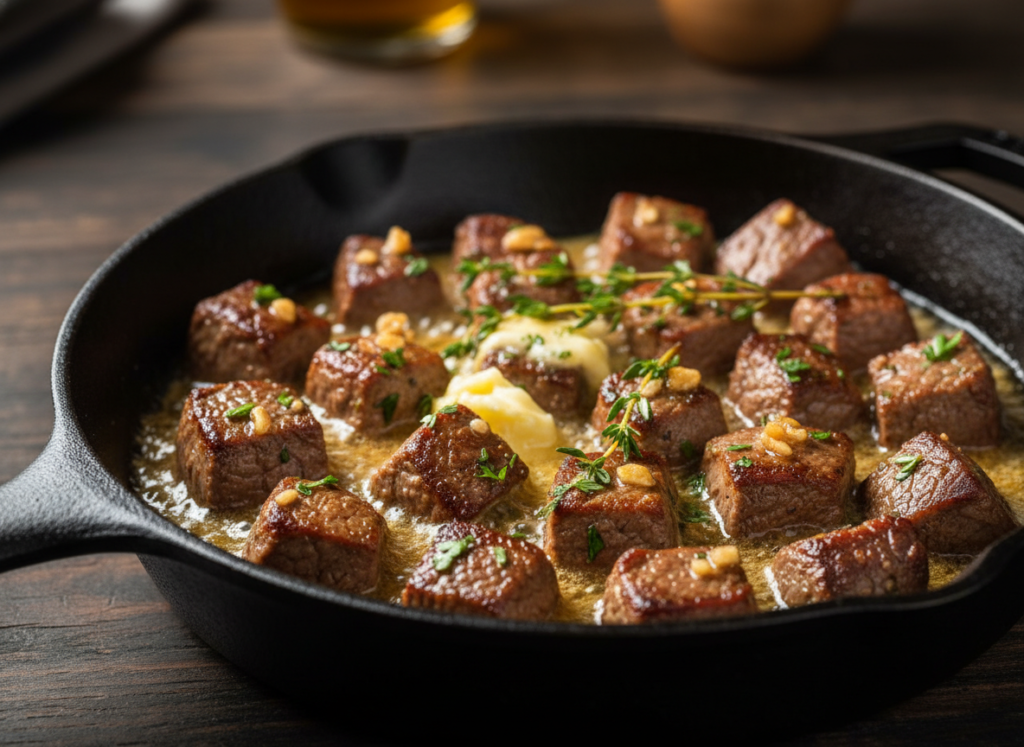 garlic butter steak bites in cast iron pan with herbs