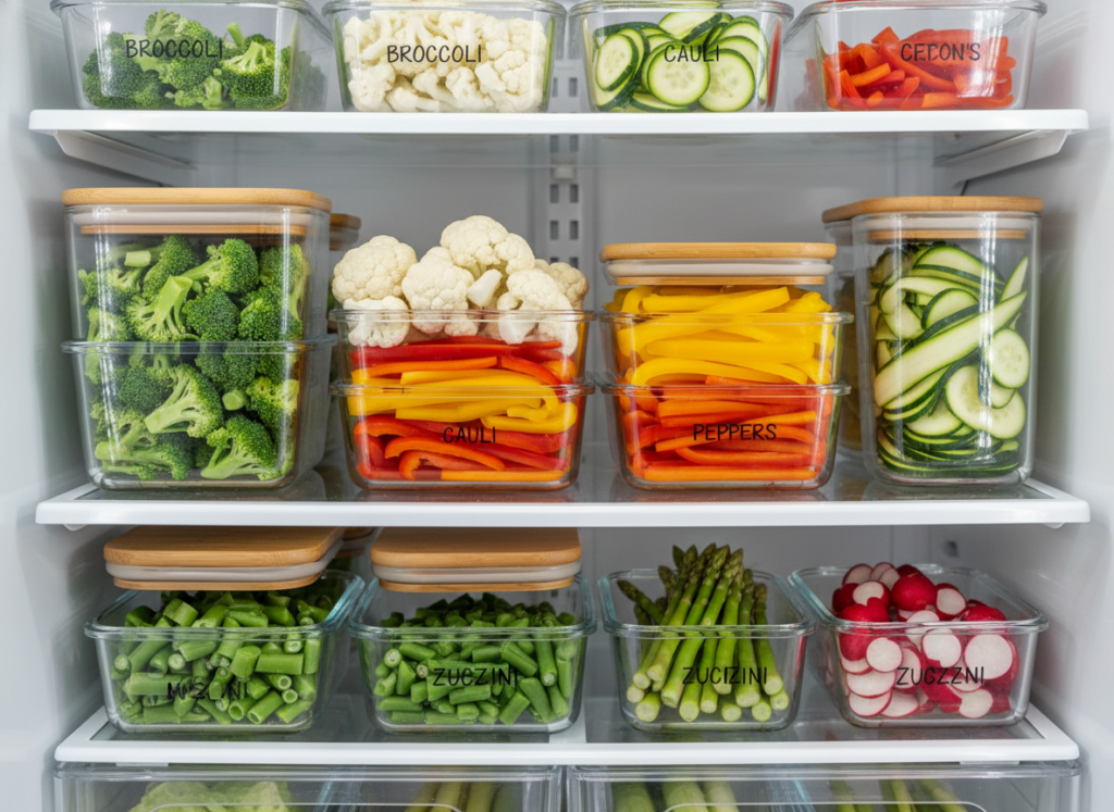 glass containers filled with prepped keto vegetables in refrigerator glass containers filled with prepped keto vegetables in refrigerator