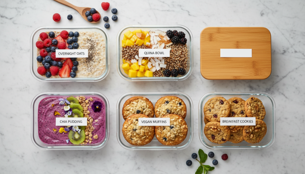 glass meal prep containers filled with various vegan breakfast options arranged neatly