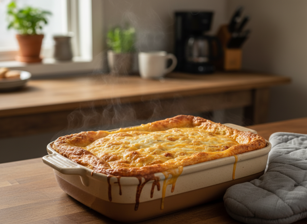golden brown baked keto breakfast casserole just removed from oven