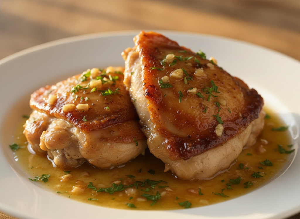 golden brown garlic butter chicken thighs on white plate with herbs