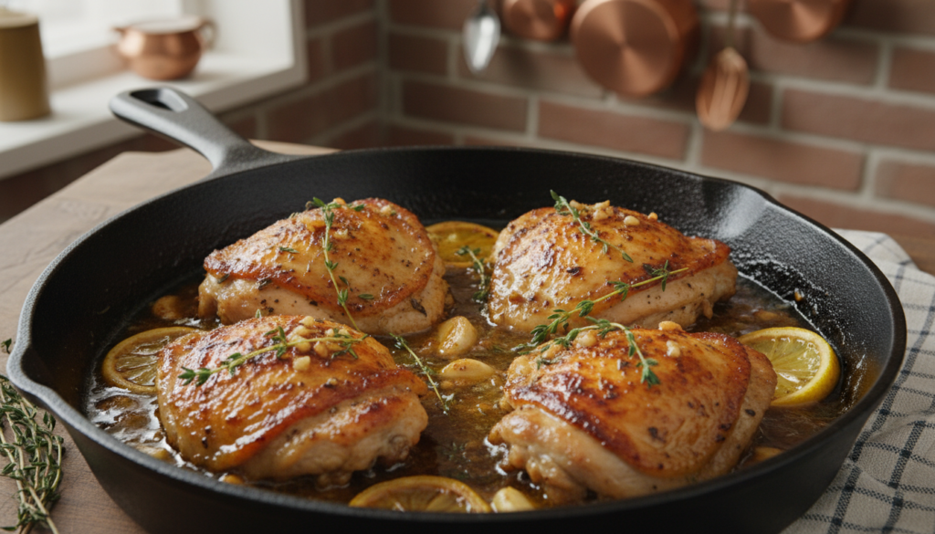 golden chicken thighs in a cast iron skillet with garlic butter sauce