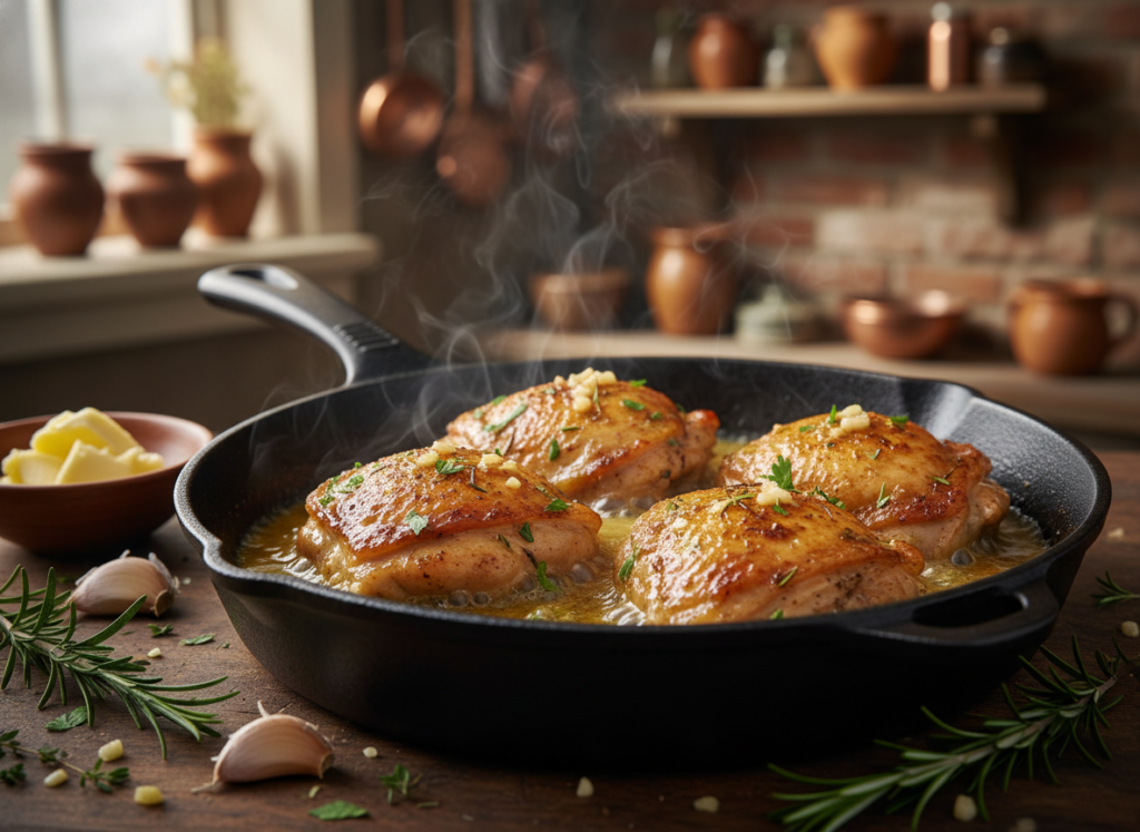 golden crispy chicken thighs with garlic butter sauce in cast iron skillet golden crispy chicken thighs with garlic butter sauce in cast iron skillet