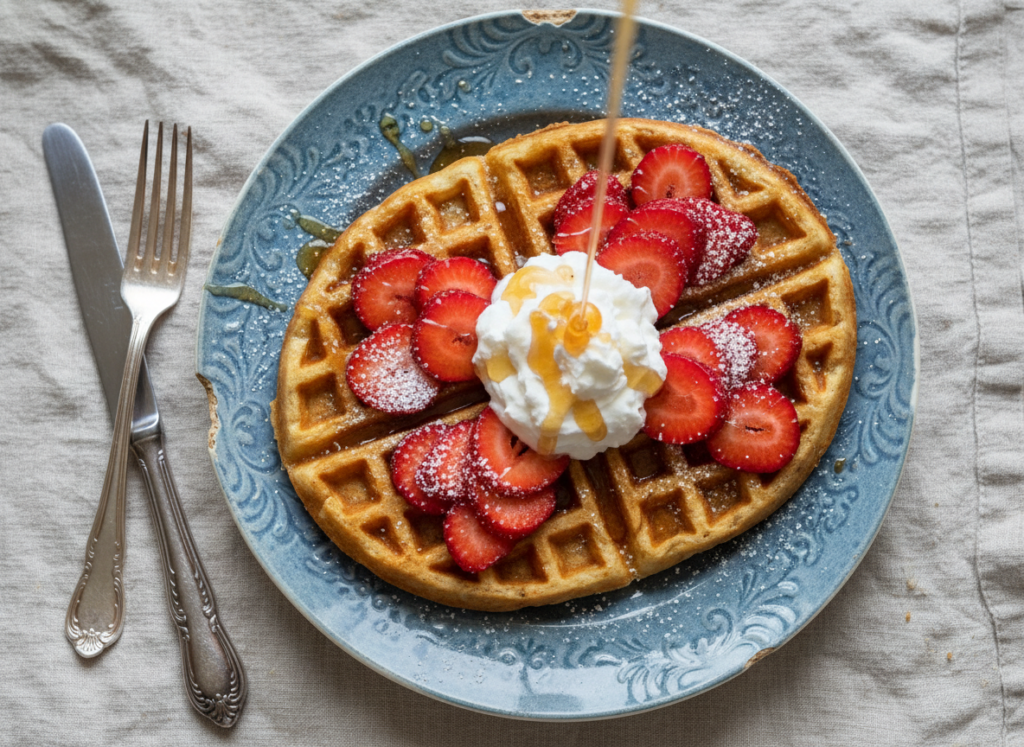 golden crispy vegan waffles on a plate with fresh strawberries and whipped coconut cream