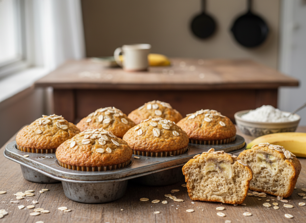 golden gluten-free banana muffins made with oat flour in a muffin tin golden gluten-free banana muffins made with oat flour in a muffin tin
