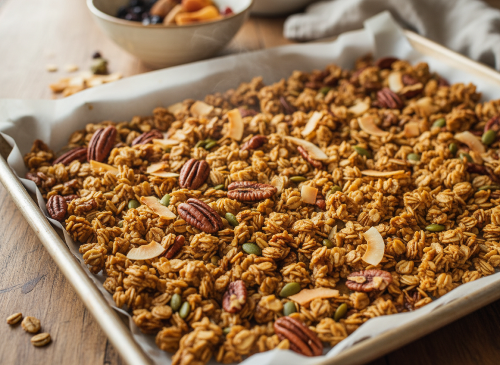 golden homemade granola with pecans and maple syrup on a baking sheet golden homemade granola with pecans and maple syrup on a baking sheet