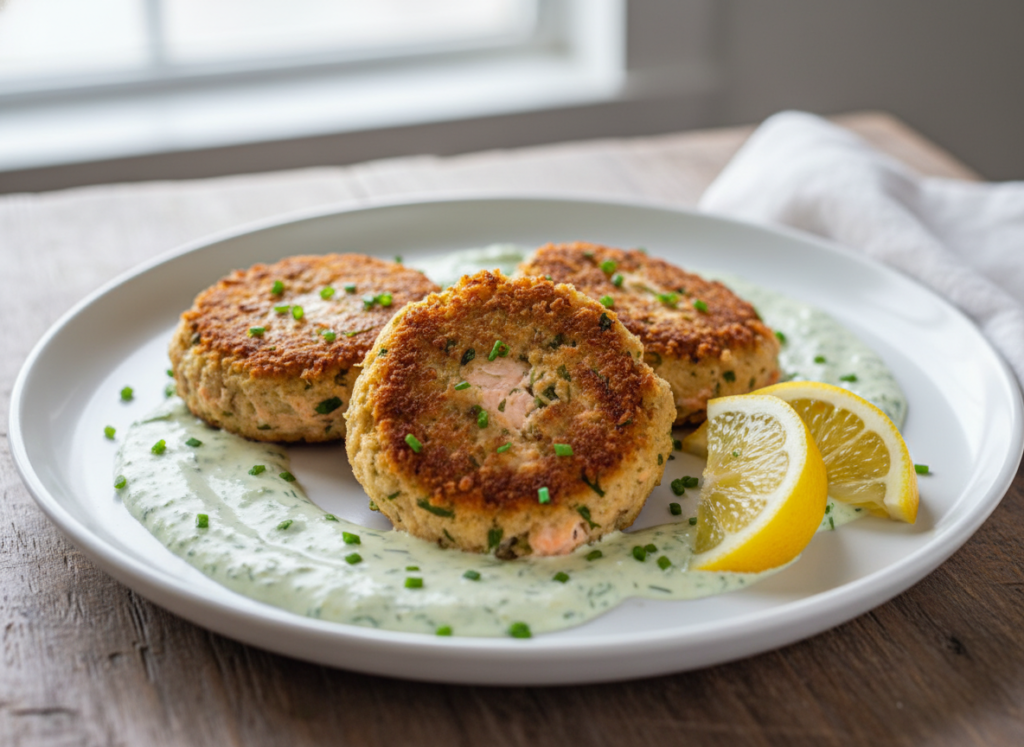 golden keto salmon cakes with herb sauce golden keto salmon cakes with herb sauce