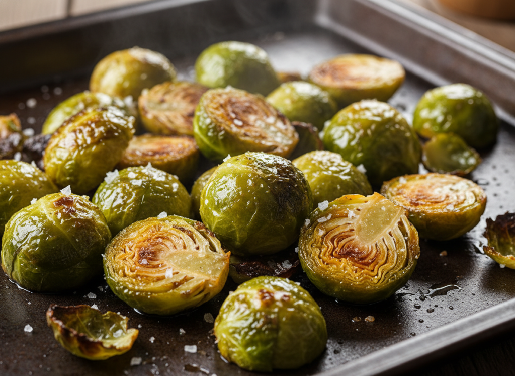 golden roasted Brussels sprouts on baking sheet golden roasted Brussels sprouts on baking sheet
