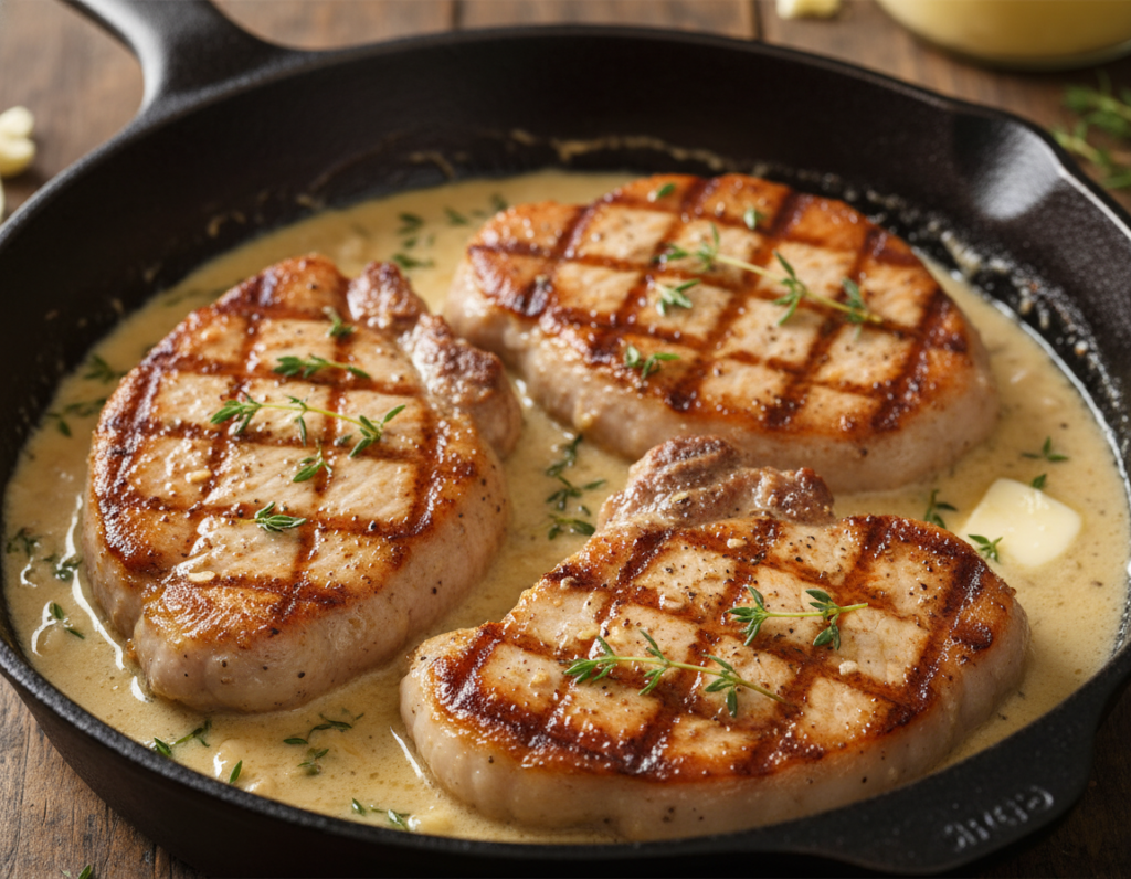 golden seared pork chops in creamy garlic sauce golden seared pork chops in creamy garlic sauce