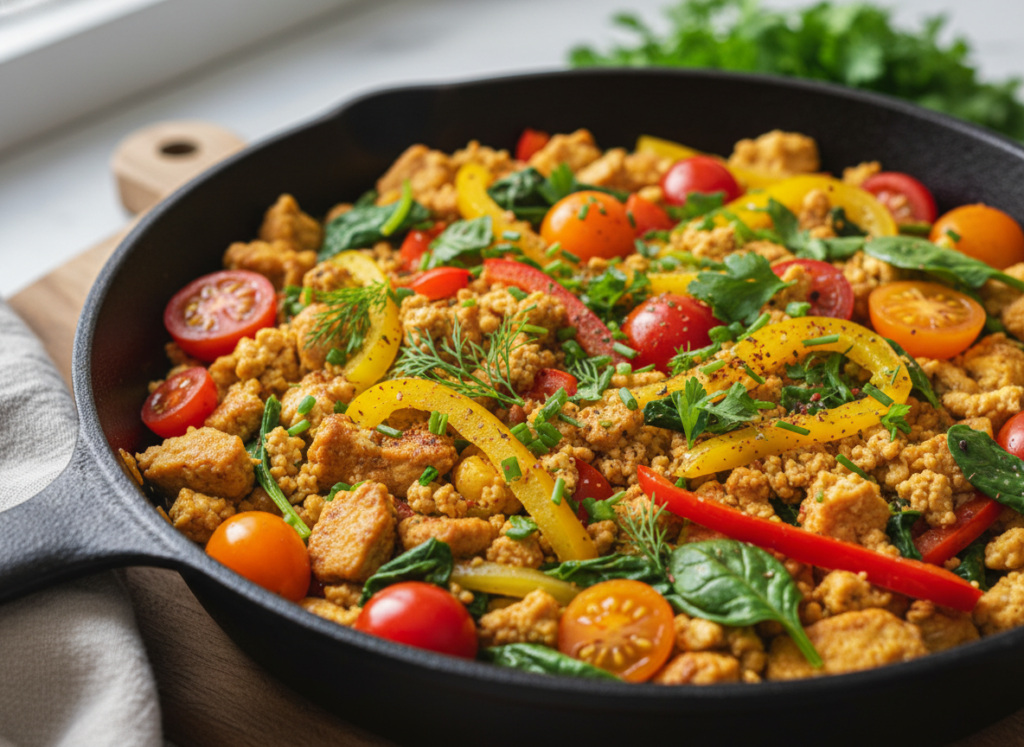 golden tofu scramble with colorful bell peppers, spinach, and cherry tomatoes in a cast iron skillet golden tofu scramble with colorful bell peppers, spinach, and cherry tomatoes in a cast iron skillet