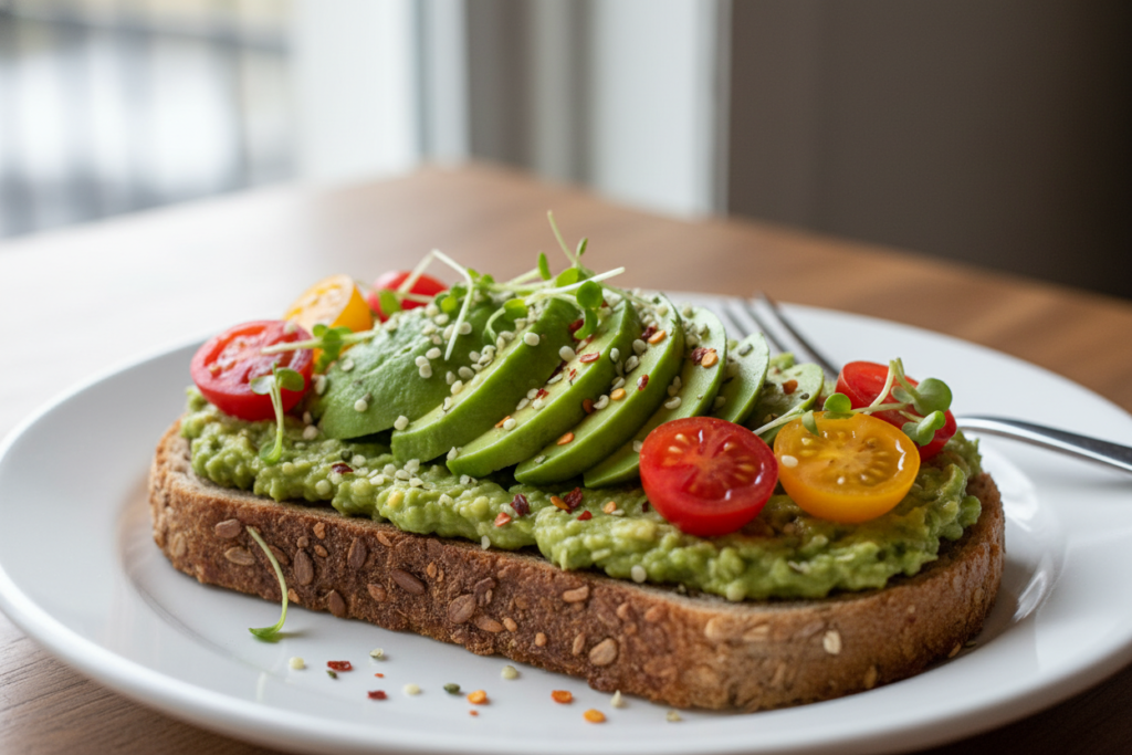 golden vegan avocado toast topped with cherry tomatoes and microgreens on whole grain bread